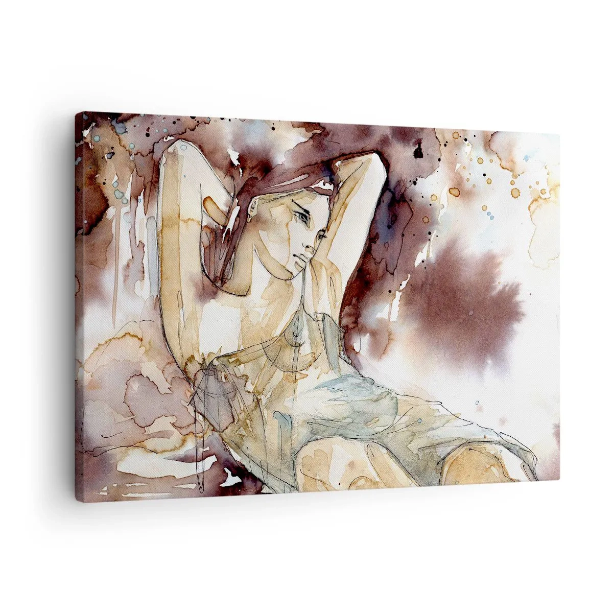 Bild auf Leinwand - Leinwandbild - Frau im künstlerischen Aquarellstil mit braunem Hintergrund - 70x50cm - In lila Stimmung - Moderne Wanddekoration für Wohnzimmer und Schlafzimmer ARTTOR