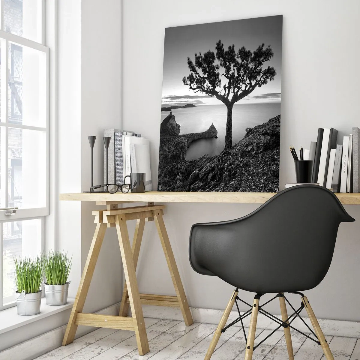 Glasbild - Bild auf glas - Ein Baum auf einer Klippe mit Blick auf die Bucht - 50x70cm - Stille bis zum Horizont - Moderne Wanddekoration für Wohnzimmer und Schlafzimmer ARTTOR