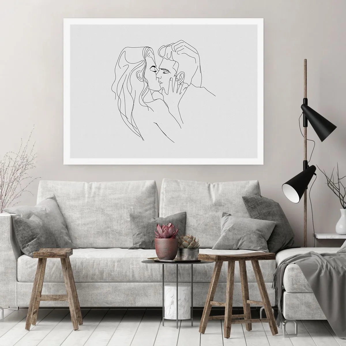 Poster - Die Umrisse eines sich küssenden Paares auf hellem Hintergrund - 100x70cm - Dieselbe Linie - Moderne Wanddekoration für Wohnzimmer und Schlafzimmer ARTTOR