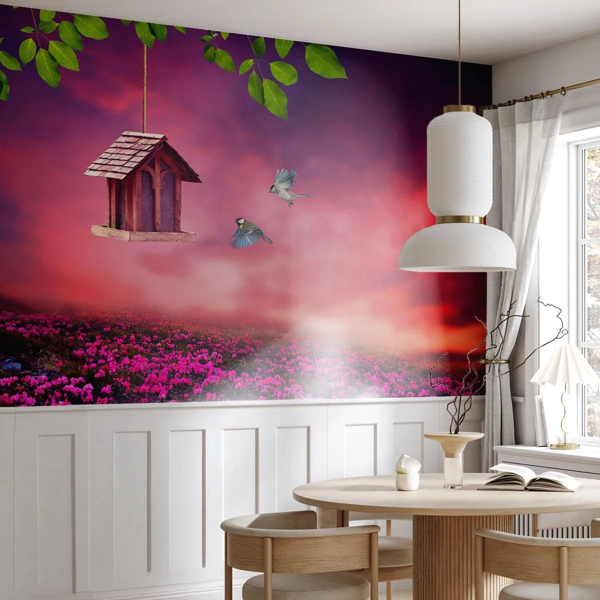 Fototapete Premium Sand - Einladung zum Abendessen - Landschaft, Blumen, Vogelhaus - 200x140 cm