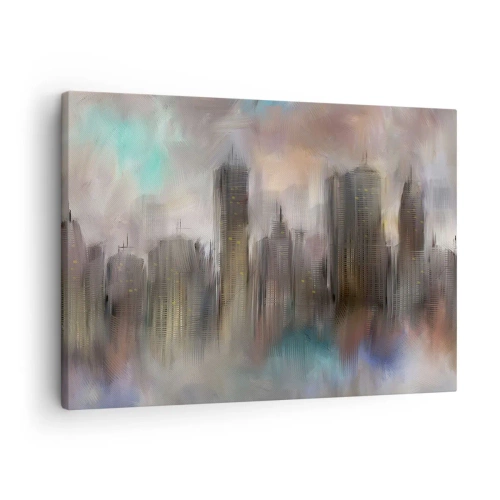 Bild auf Leinwand - Leinwandbild - Eine künstlerische Vision einer Stadtlandschaft mit Wolkenkratzern in Pastellfarben. - 70x50cm - Eine Komposition aus Stahl, Stein und Nebel - Moderne Wanddekoration für Wohnzimmer und Schlafzimmer ARTTOR