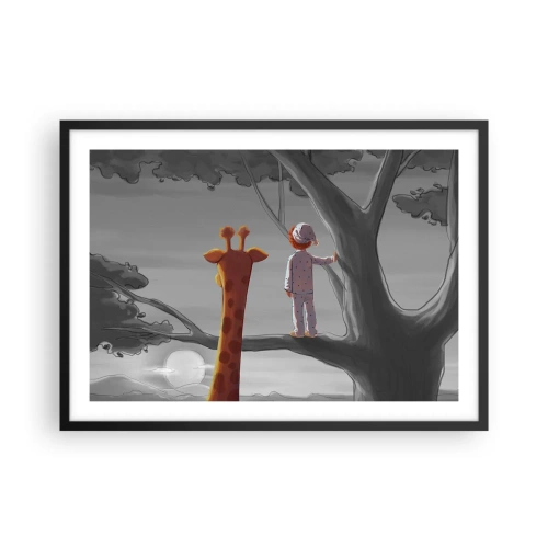 Poster in einem schwarzem Rahmen - Ein Kind und eine Giraffe auf einem Ast in einer Märchenlandschaft - 70x50cm - Das passiert wirklich - Moderne Wanddekoration für Wohnzimmer und Schlafzimmer ARTTOR