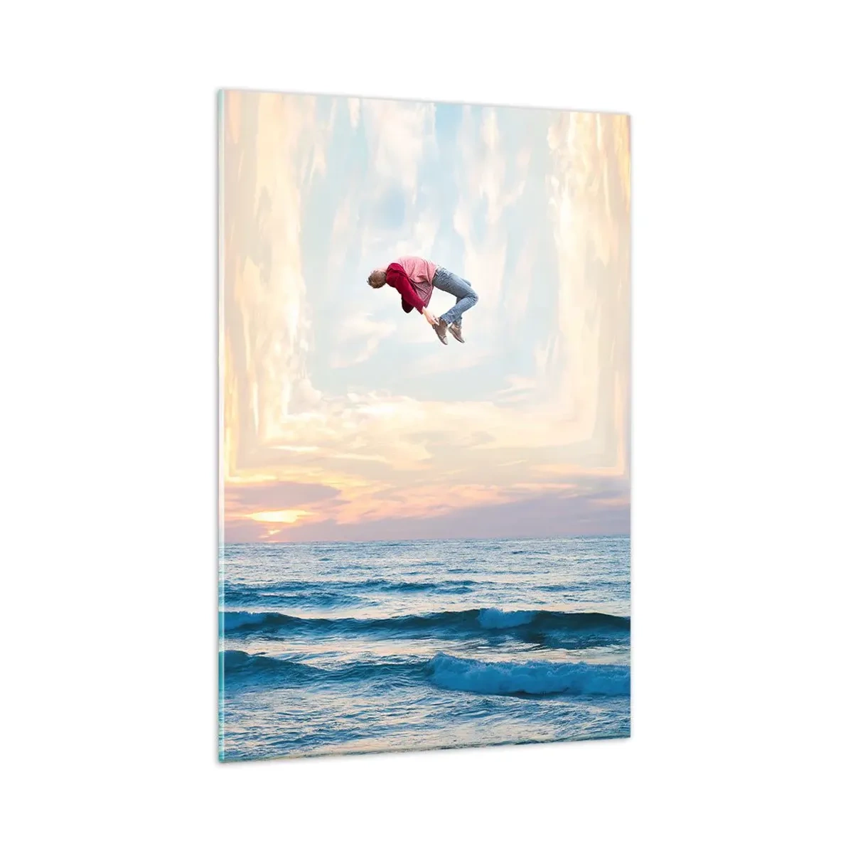 Glasbild - Bild auf glas - Surrealer Sprung über das Meer im Rahmen - 80x120cm - In eine andere Dimension - Moderne Wanddekoration für Wohnzimmer und Schlafzimmer ARTTOR