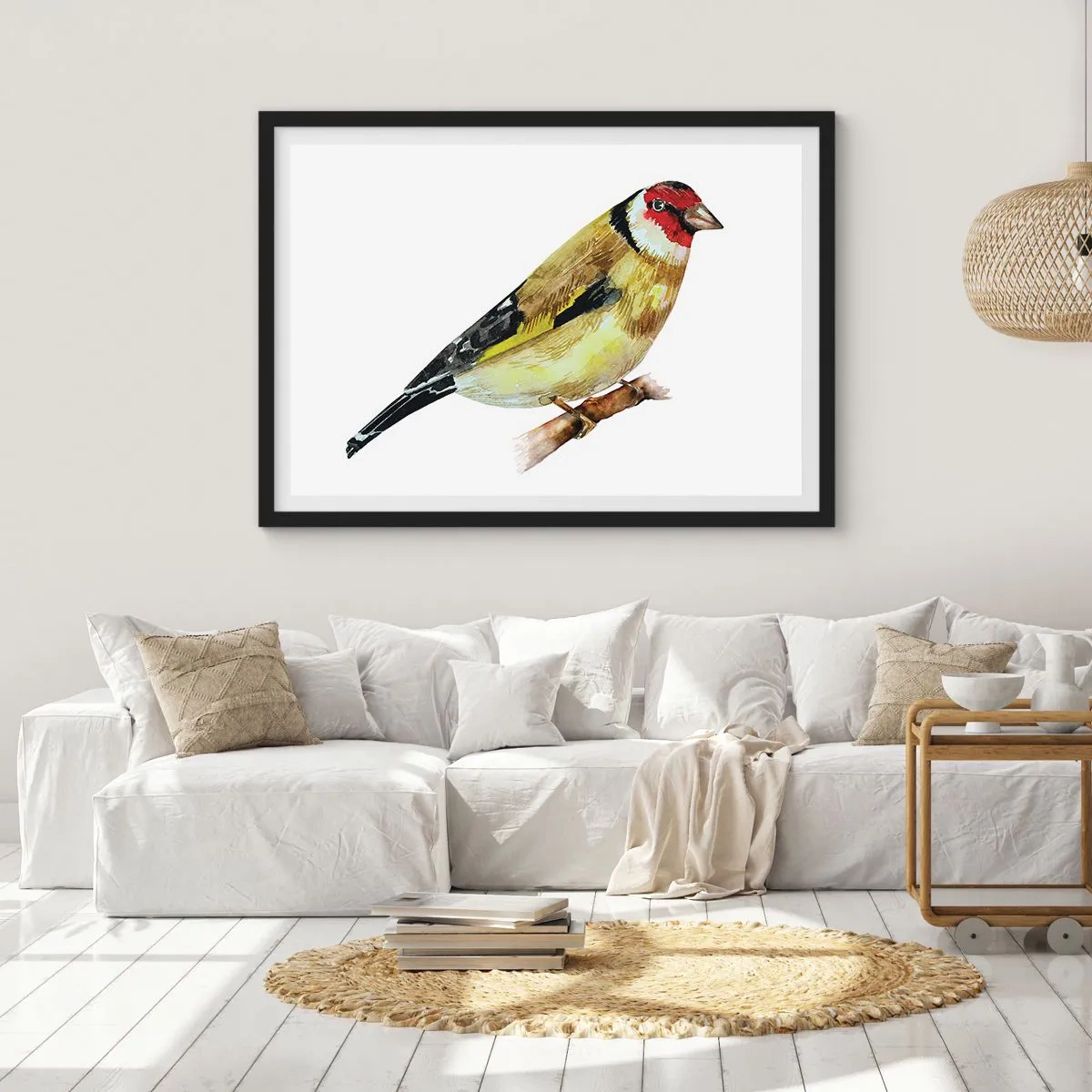 Poster in einem schwarzem Rahmen - Ein Vogel mit rotem Kopf auf einem Ast - 70x50cm - Vogelporträt - Moderne Wanddekoration für Wohnzimmer und Schlafzimmer ARTTOR