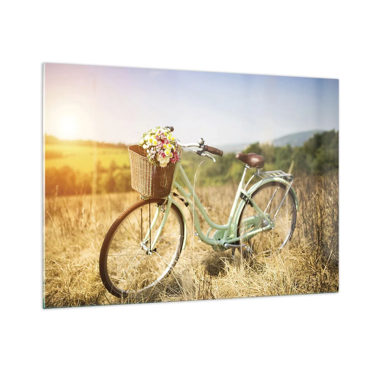 Glasbild - Bild auf glas - Retro-Fahrrad mit Blumen vor einem natürlichen Hintergrund - 100x70cm - Ich bleibe eine Weile hier - Moderne Wanddekoration für Wohnzimmer und Schlafzimmer ARTTOR