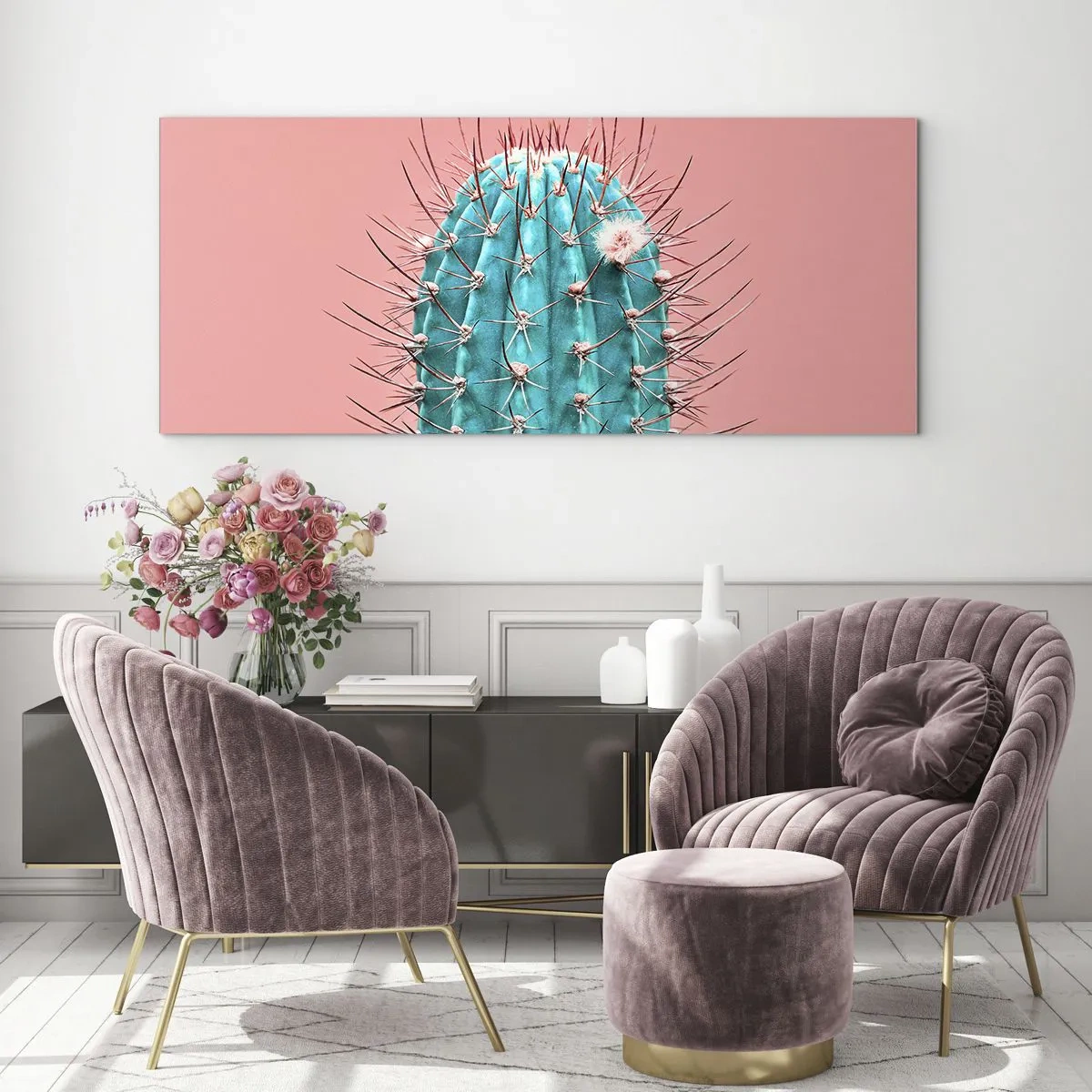 Glasbild - Bild auf glas - Eine künstlerische Interpretation eines Kaktus auf rosa Hintergrund - 160x50cm - Schau einfach hin - Moderne Wanddekoration für Wohnzimmer und Schlafzimmer ARTTOR