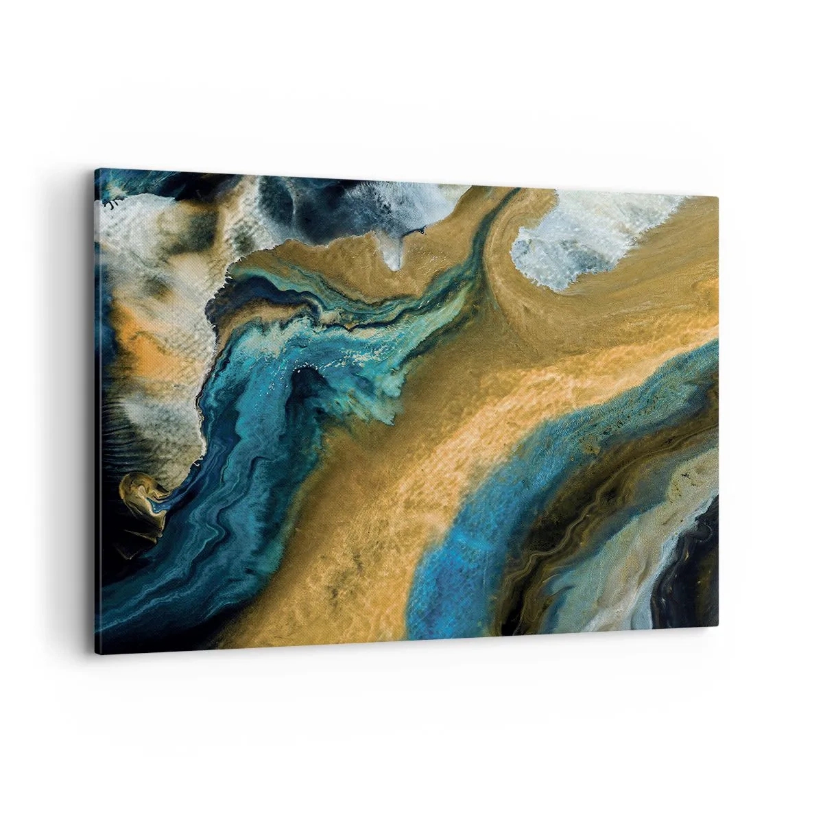 Bild auf Leinwand - Leinwandbild - Abstrakte Wellen in Gold- und Blautönen - 100x70cm - Blau - Gelb - gegenseitige Beeinflussung - Moderne Wanddekoration für Wohnzimmer und Schlafzimmer ARTTOR