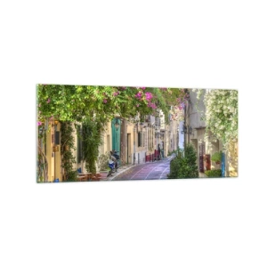 Glasbild - Bild auf glas - Eine charmante Straße mit blühenden Weinreben und Cafétischen - 120x50cm - Blühende Gasse - Moderne Wanddekoration für Wohnzimmer und Schlafzimmer ARTTOR