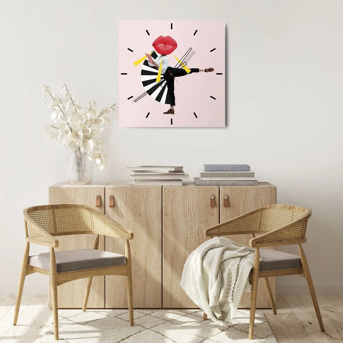 Wanduhr - Glasuhr - Surrealistische Figur mit Mund und geometrischen Elementen - 30x30cm - Surreale Pop-Art - Moderne Wanddekoration für Wohnzimmer und Schlafzimmer ARTTOR