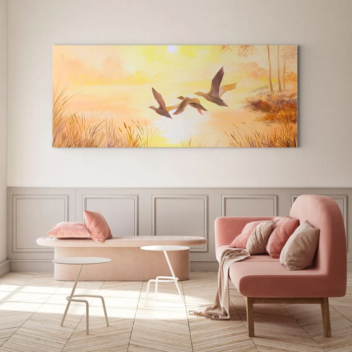 Glasbild - Bild auf glas - Enten fliegen bei Sonnenaufgang über den See - 120x50cm - Der Beginn einer langen Reise - Moderne Wanddekoration für Wohnzimmer und Schlafzimmer ARTTOR