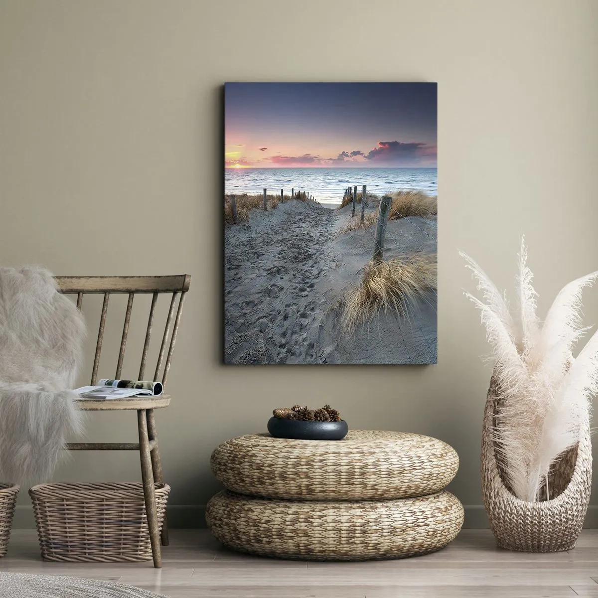 Bild auf Leinwand - Leinwandbild - Weg zum Strand bei Sonnenuntergang - 50x70cm - Du hast einen Regenbogen aus strahlendem Licht verschüttet ... - Moderne Wanddekoration für Wohnzimmer und Schlafzimmer ARTTOR