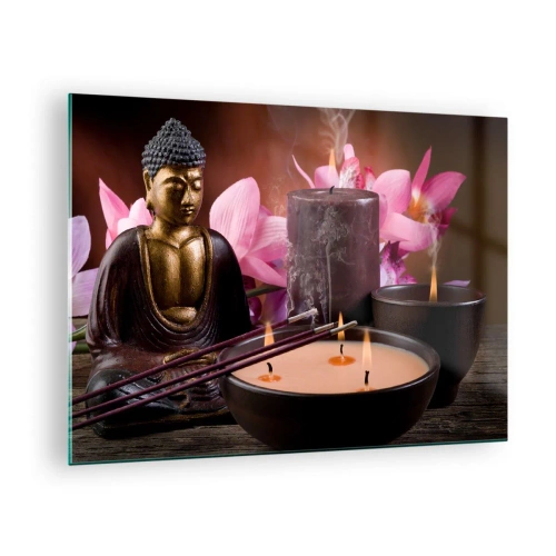 Glasbild - Bild auf glas - Entspannungskomposition mit Buddha, Kerzen und Blumen - 70x50cm - Den Geist frei machen, den Körper beruhigen - Moderne Wanddekoration für Wohnzimmer und Schlafzimmer ARTTOR