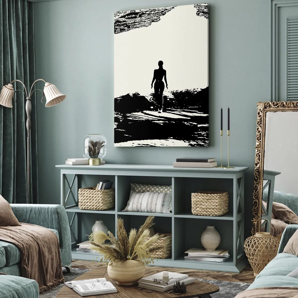 Bild auf Leinwand - Leinwandbild - Schwarz-weiße Silhouette einer Frau in einer Höhle gegen den Himmel - 70x100cm - Neuer Blick - Moderne Wanddekoration für Wohnzimmer und Schlafzimmer ARTTOR