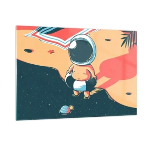 Glasbild - Bild auf glas - Astronautenfigur an einem Strand mit kosmischer Landschaft - 120x80cm - Aus einer anderen Perspektive - Moderne Wanddekoration für Wohnzimmer und Schlafzimmer ARTTOR