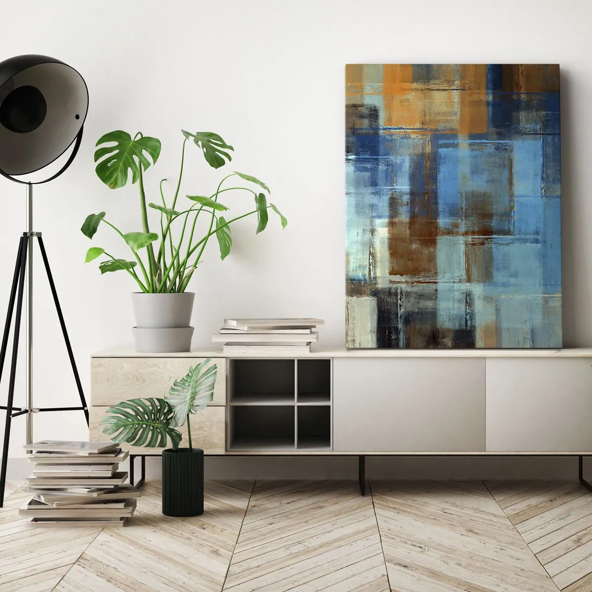 Bild auf Leinwand - Leinwandbild - Abstrakte geometrische Komposition in Blau- und Brauntönen - 50x70cm - Durch den blauen Schleier - Moderne Wanddekoration für Wohnzimmer und Schlafzimmer ARTTOR