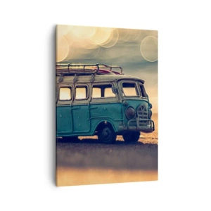 Bild auf Leinwand - Leinwandbild - Retro-Bus gegen verschwommenes Licht - 50x70cm - Das Ende der Idole: Geld und Arbeit - Moderne Wanddekoration für Wohnzimmer und Schlafzimmer ARTTOR