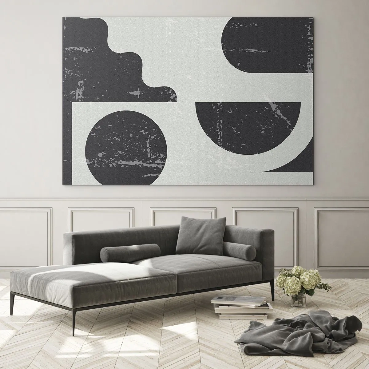 Glasbild - Bild auf glas - Abstrakte geometrische Grafiken mit Abschürfungen - 100x70cm - Komposition oben und unten - Moderne Wanddekoration für Wohnzimmer und Schlafzimmer ARTTOR