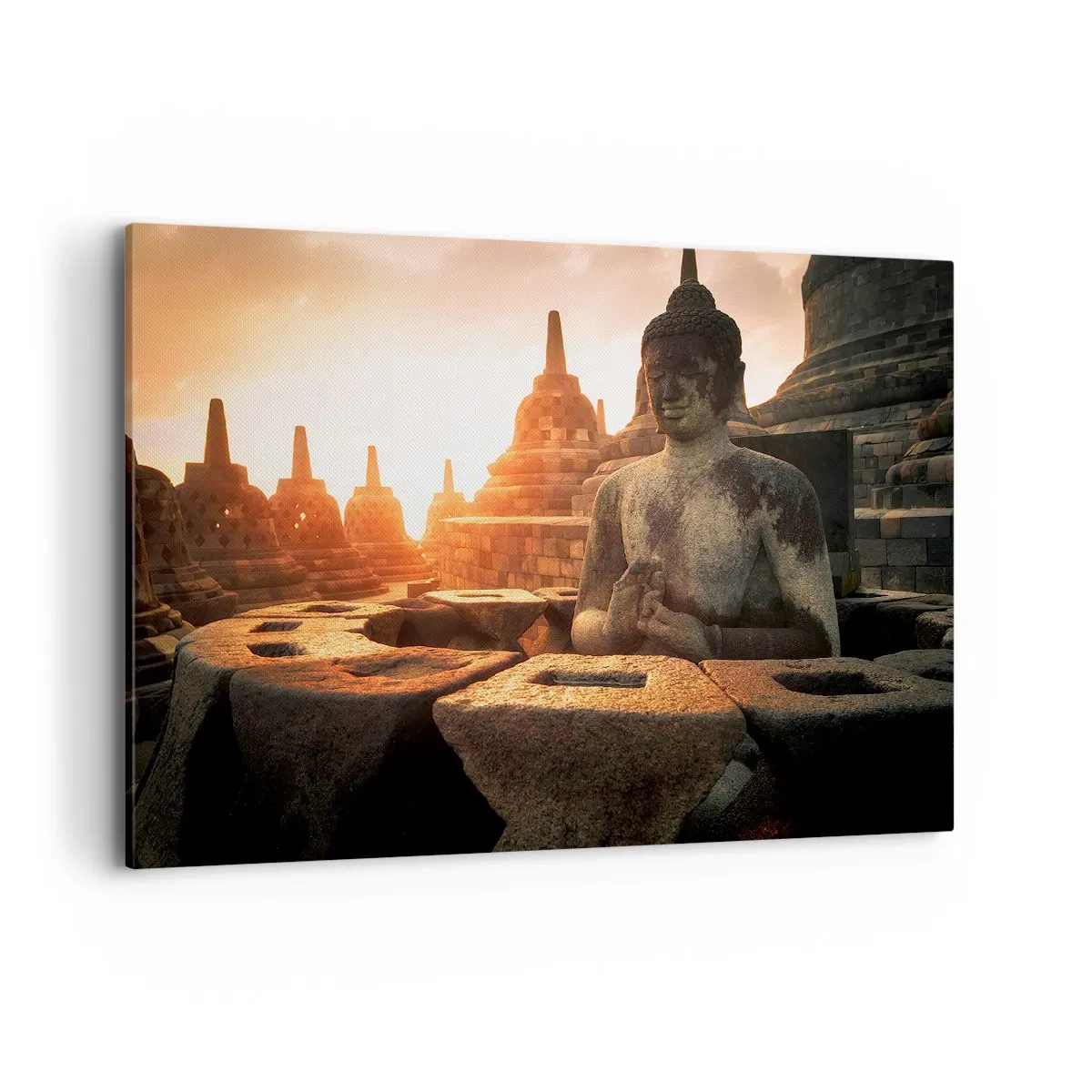 Bild auf Leinwand - Leinwandbild - Buddha-Statue im Borobudur-Tempel bei Sonnenuntergang - 100x70cm - Wetter der großen Weisheit - Moderne Wanddekoration für Wohnzimmer und Schlafzimmer ARTTOR
