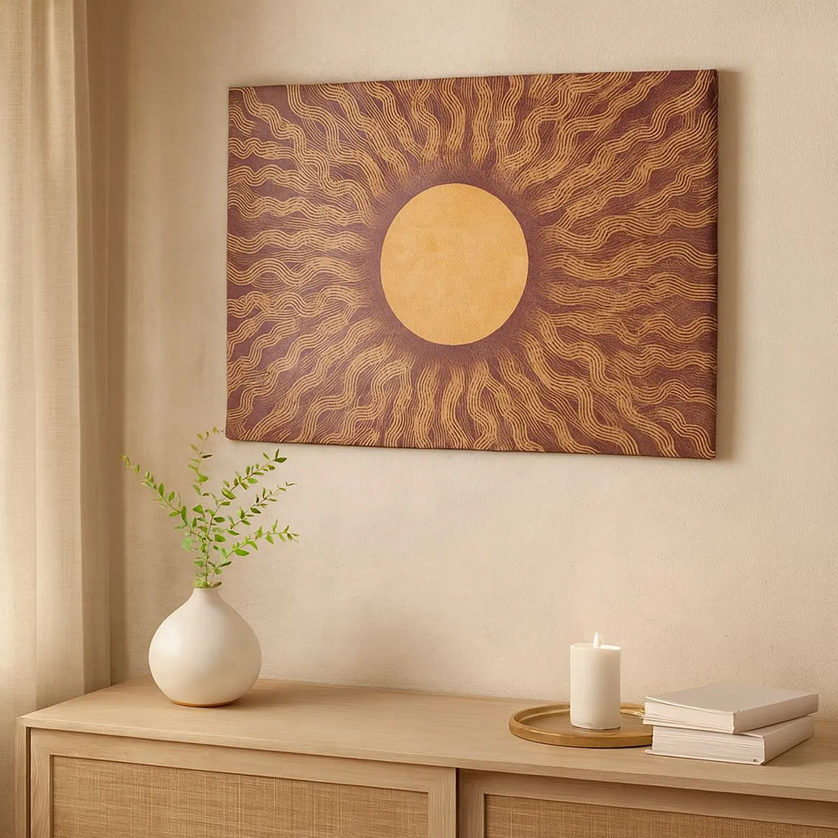 Bild auf Leinwand - Leinwandbild - Sonniges Muster mit Strahlen auf einem Hintergrund in Brauntönen - 70x50cm - Sonnensymbol - Moderne Wanddekoration für Wohnzimmer und Schlafzimmer ARTTOR