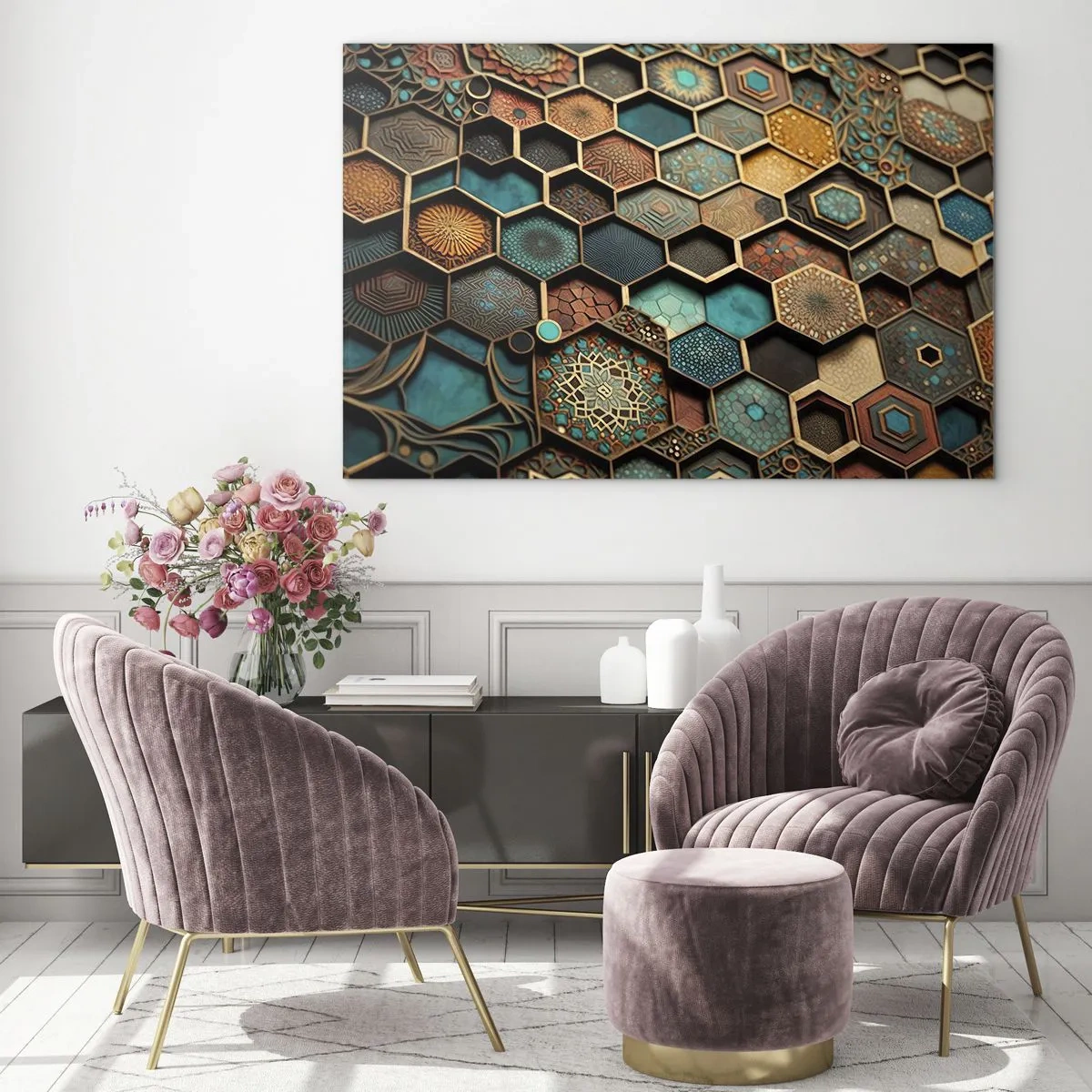 Glasbild - Bild auf glas - Mosaik mit geometrischen Mustern im orientalischen Stil - 100x70cm - Arabische Ornamente – Variation - Moderne Wanddekoration für Wohnzimmer und Schlafzimmer ARTTOR