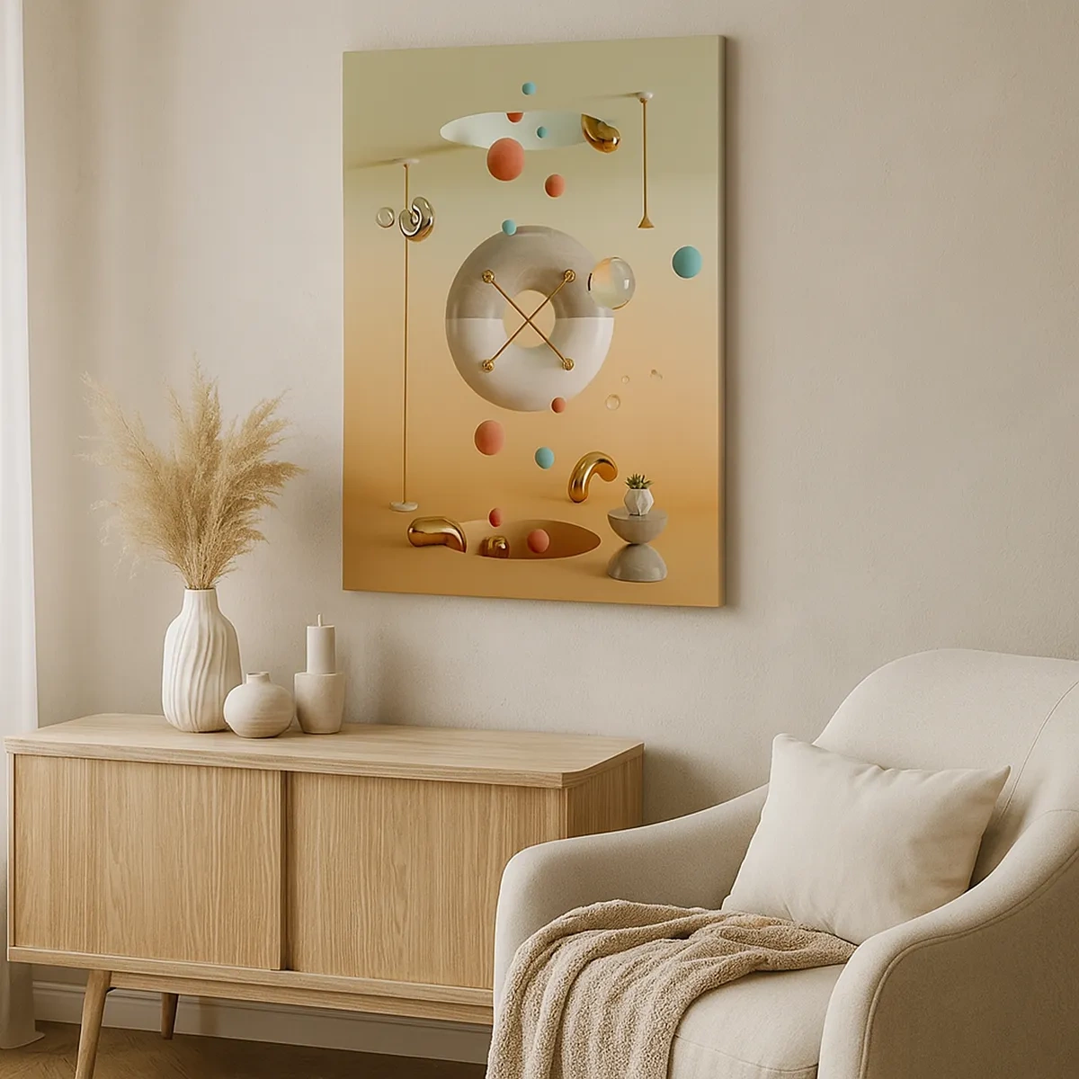 Bild auf Leinwand - Leinwandbild - Geometrische Figuren in Pastellfarben in surrealistischer Anordnung - 50x70cm - Alles kann passieren - Moderne Wanddekoration für Wohnzimmer und Schlafzimmer ARTTOR