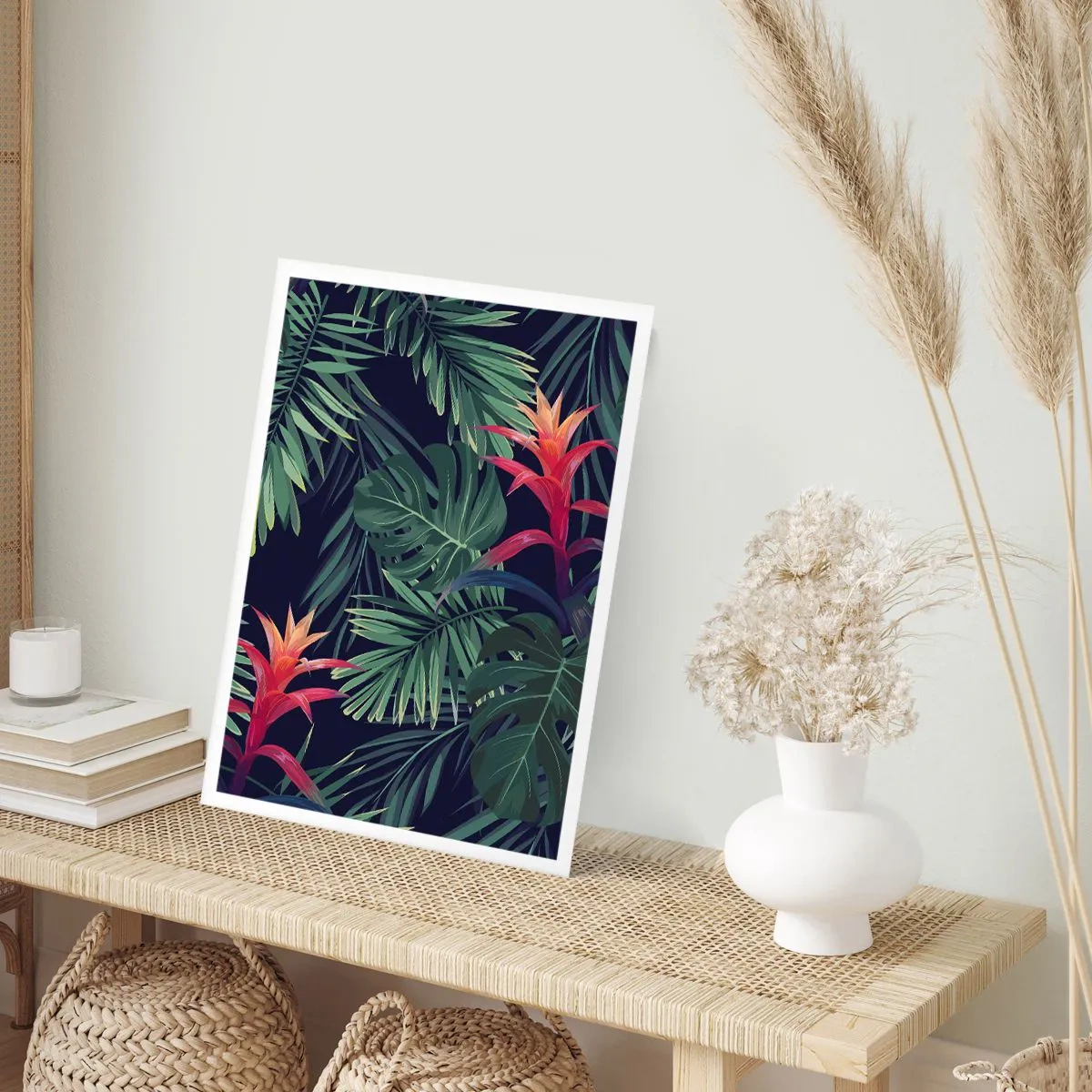 Poster - Tropische Blätter und Blüten auf dunklem Hintergrund - 50x70cm - Im Grünen in Flammen gehen - Moderne Wanddekoration für Wohnzimmer und Schlafzimmer ARTTOR