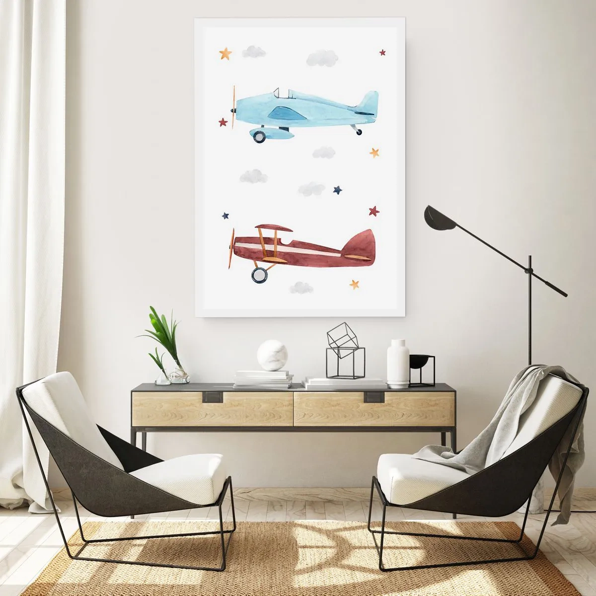 Poster - Aquarellillustrationen von zwei Flugzeugen, die zwischen Wolken und Sternen schweben. - 50x70cm - Wir warten, Herr Pilot! - Moderne Wanddekoration für Wohnzimmer und Schlafzimmer ARTTOR