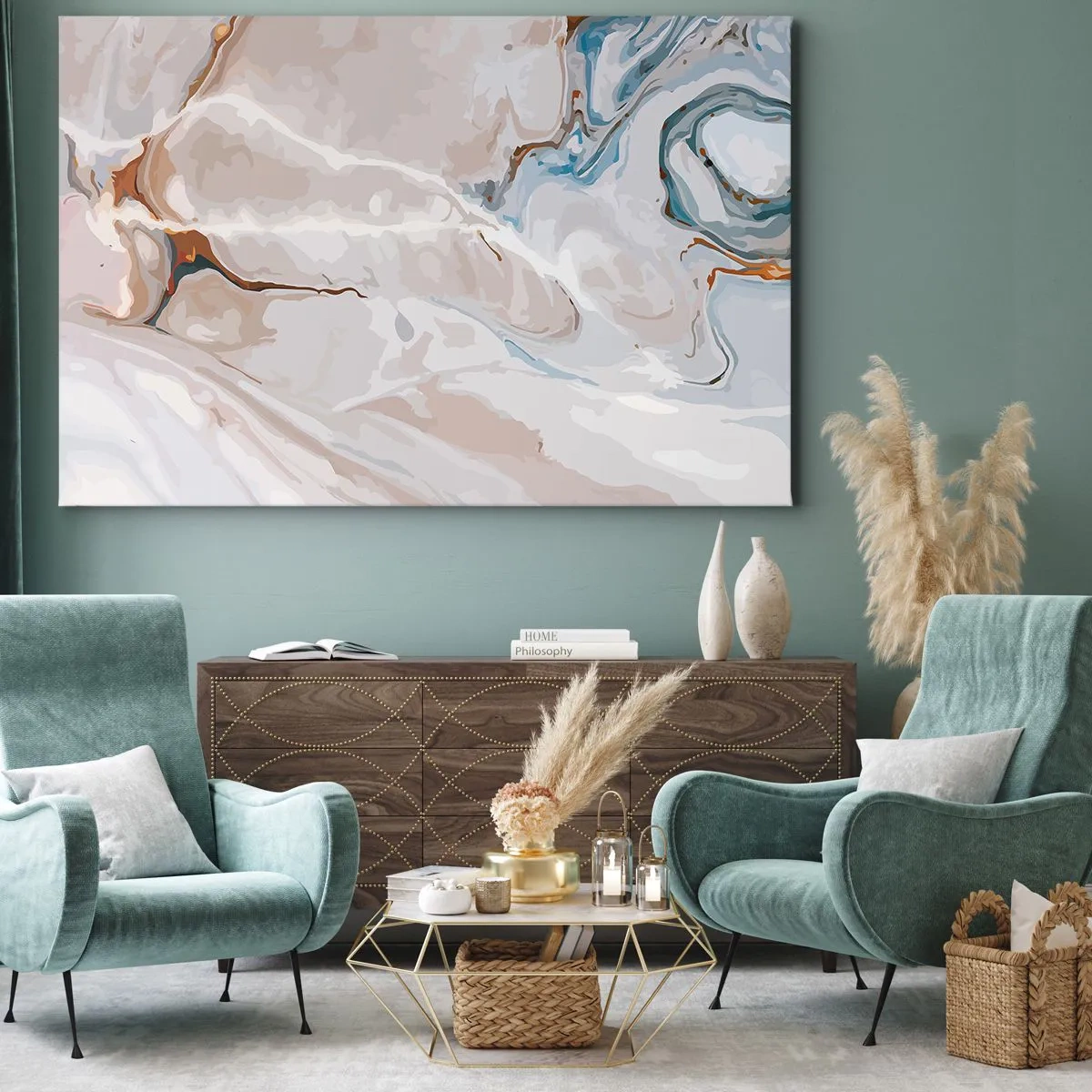 Bild auf Leinwand - Leinwandbild - Abstraktes Muster in Weiß- und Blautönen - 100x70cm - Blau schlängelt sich unter dem Weiß - Moderne Wanddekoration für Wohnzimmer und Schlafzimmer ARTTOR