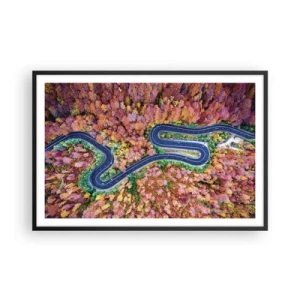 Poster in einem schwarzem Rahmen - Kurvenreicher Weg durch den Wald - 91x61 cm
