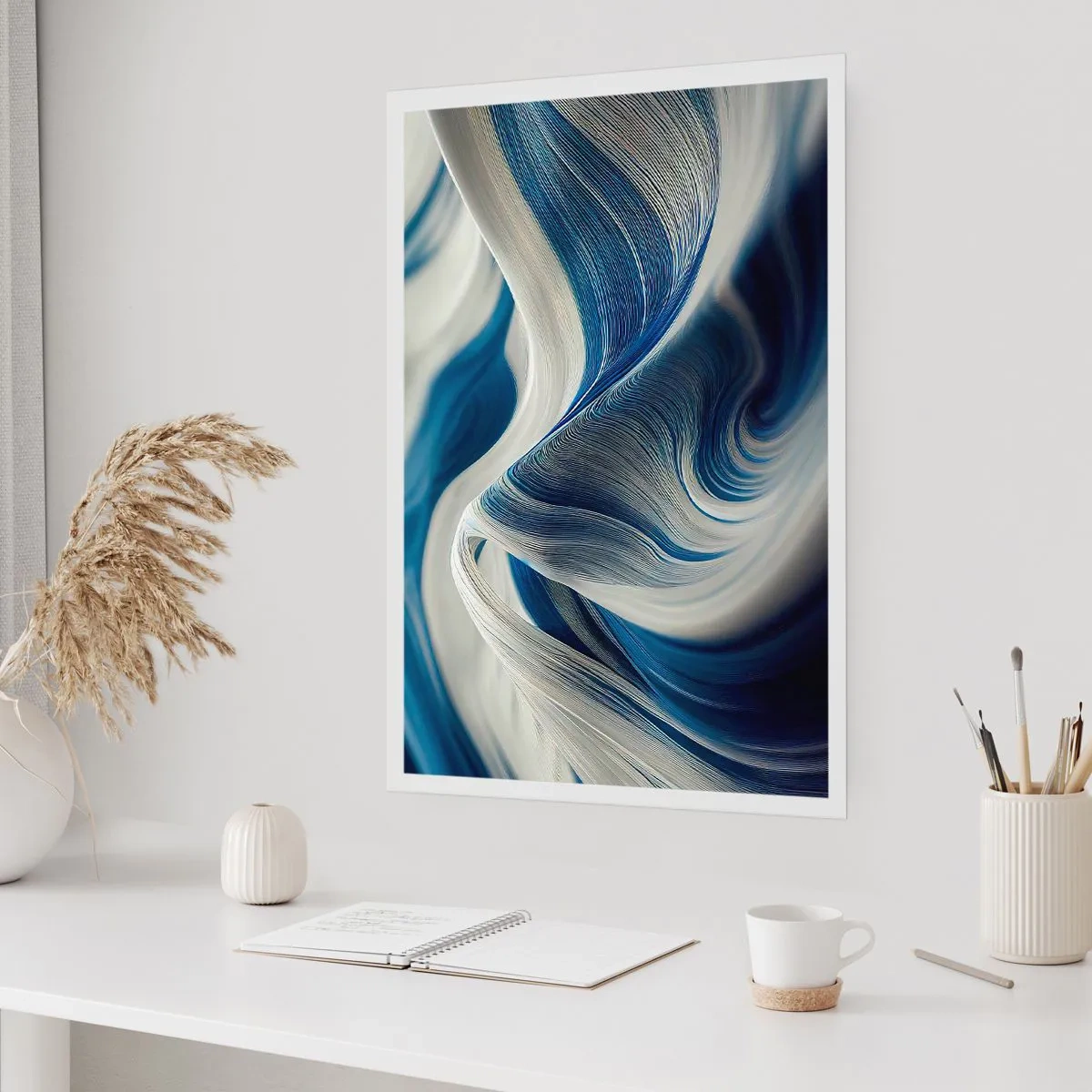 Poster - Abstrakte Wellen in Marineblau- und Weißtönen - 50x70cm - Fließfähigkeit von Blau und Weiß - Moderne Wanddekoration für Wohnzimmer und Schlafzimmer ARTTOR