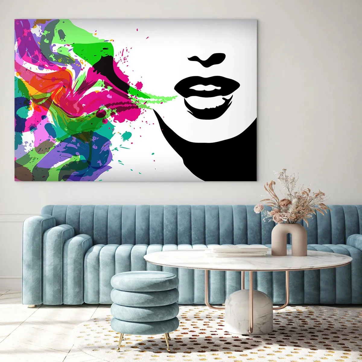 Glasbild - Bild auf glas - Eine farbenfrohe Abstraktion mit einem weiblichen Profil und Farbtupfern. - 120x80cm - Eine Geschichte in den Farben des Regenbogens - Moderne Wanddekoration für Wohnzimmer und Schlafzimmer ARTTOR