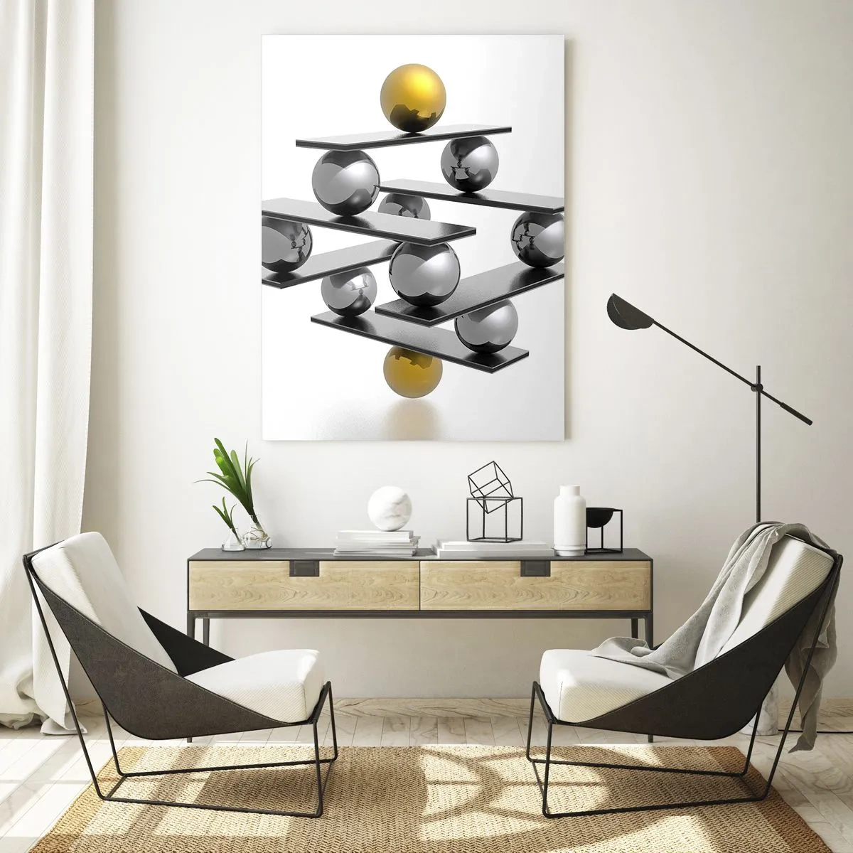 Glasbild - Bild auf glas - Geometrische Komposition mit Kugeln und Plattformen auf weißem Hintergrund - 50x70cm - Gold- und Silberbalance - Moderne Wanddekoration für Wohnzimmer und Schlafzimmer ARTTOR