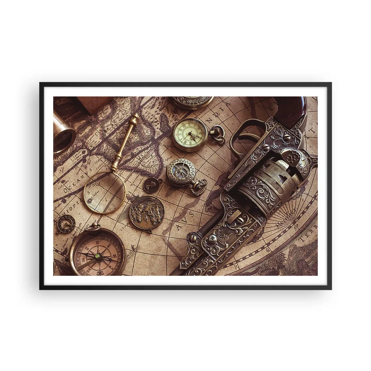 Poster in einem schwarzem Rahmen - Antike Gegenstände auf einer alten Karte im Retro-Stil - 100x70cm - Das Abenteuer ruft - Moderne Wanddekoration für Wohnzimmer und Schlafzimmer ARTTOR