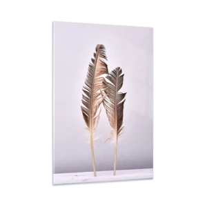 Glasbild - Bild auf glas - Zarte Federn auf hellem Untergrund im minimalistischen Stil - 80x120cm - Gegen das Nichts - Moderne Wanddekoration für Wohnzimmer und Schlafzimmer ARTTOR
