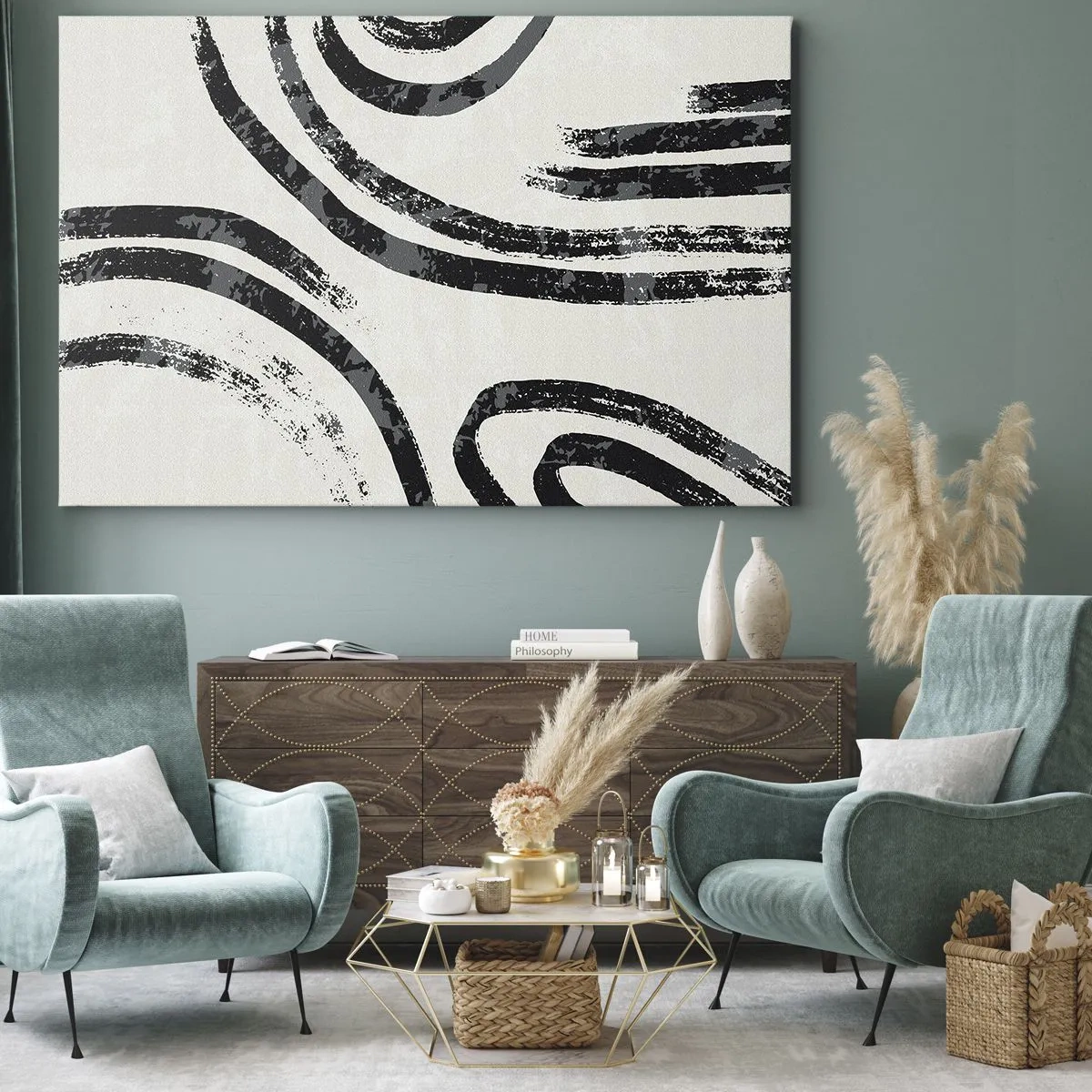 Bild auf Leinwand - Leinwandbild - Schwarz-weiße abstrakte Linien auf hellem Hintergrund - 70x50cm - Bei Hälfte angehalten - Moderne Wanddekoration für Wohnzimmer und Schlafzimmer ARTTOR