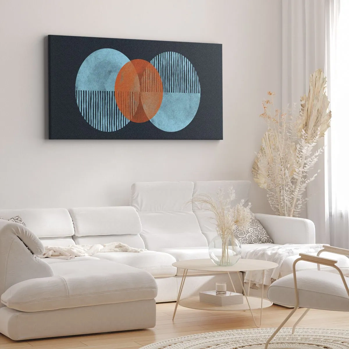 Bild auf Leinwand - Leinwandbild - Geometrische Kreise in Blau- und Orangetönen - 140x50cm - Symmetrische Komposition - Moderne Wanddekoration für Wohnzimmer und Schlafzimmer ARTTOR