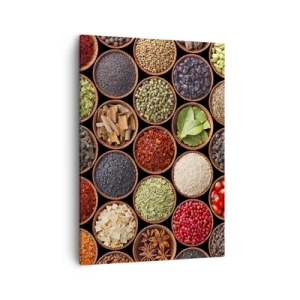 Bild auf Leinwand - Leinwandbild - Bunte Gewürze in runden Behältern - 50x70cm - Alle Aromen der Welt - Moderne Wanddekoration für Wohnzimmer und Schlafzimmer ARTTOR