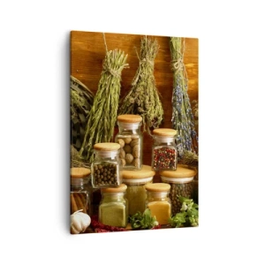 Bild auf Leinwand - Leinwandbild - Kräuter und Gewürze in Gläsern auf rustikalem Hintergrund - 50x70cm - Küchenzauber - Moderne Wanddekoration für Wohnzimmer und Schlafzimmer ARTTOR