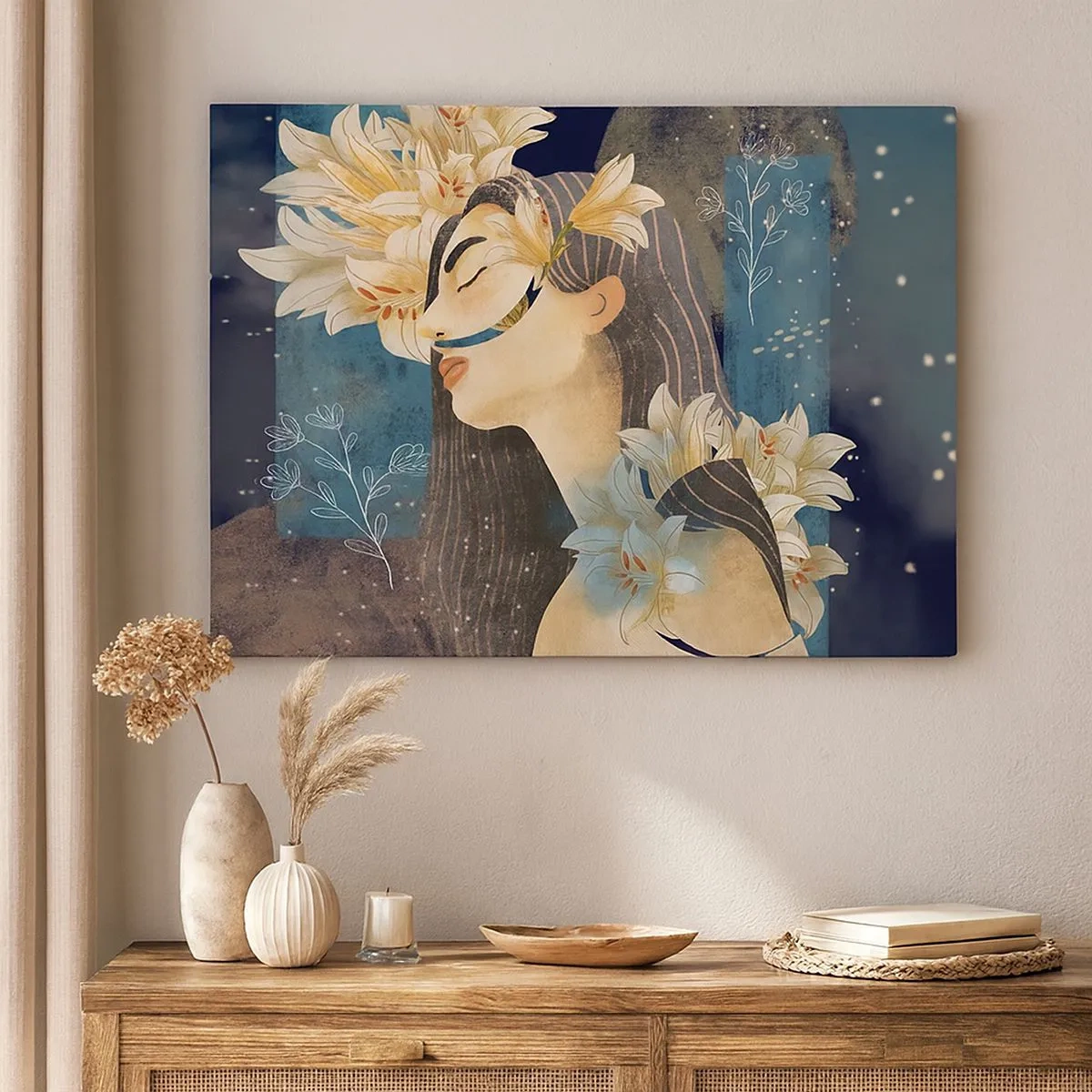 Bild auf Leinwand - Leinwandbild - Porträt einer Frau mit Blumen im künstlerischen Stil auf dunklem Hintergrund - 70x50cm - Ein Märchen über eine Prinzessin mit Lilien - Moderne Wanddekoration für Wohnzimmer und Schlafzimmer ARTTOR