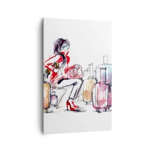 Bild auf Leinwand - Leinwandbild - Eine Frau mit Koffern in einer dynamischen Aquarellillustration - 80x120cm - Setzen wir uns vor der Reise hin - Moderne Wanddekoration für Wohnzimmer und Schlafzimmer ARTTOR