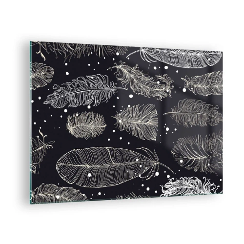Glasbild - Bild auf glas - Weiße Federn auf schwarzem Hintergrund mit subtilen Details - 70x50cm - Gefiederte Spitze - Moderne Wanddekoration für Wohnzimmer und Schlafzimmer ARTTOR