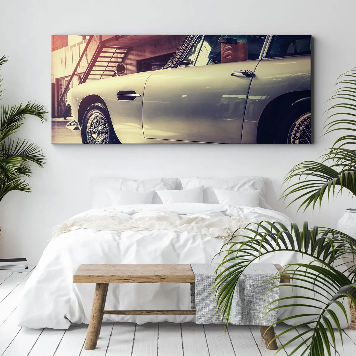 Bild auf Leinwand - Leinwandbild - Ein Oldtimer in einer stilvollen Garage mit industriellem Interieur - 120x50cm - Die Klassiker werden nicht alt - Moderne Wanddekoration für Wohnzimmer und Schlafzimmer ARTTOR