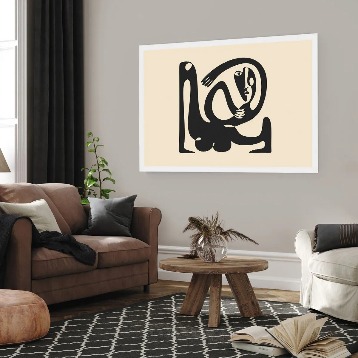 Poster - Eine abstrakte Figur in Schwarz auf beigem Hintergrund - 100x70cm - Fast wie Picasso - Moderne Wanddekoration für Wohnzimmer und Schlafzimmer ARTTOR