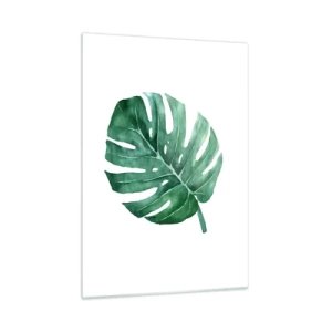 Glasbild - Bild auf glas - Grünes Monstera-Blatt auf weißem Hintergrund - 50x70cm - Grünes Konzept - Moderne Wanddekoration für Wohnzimmer und Schlafzimmer ARTTOR