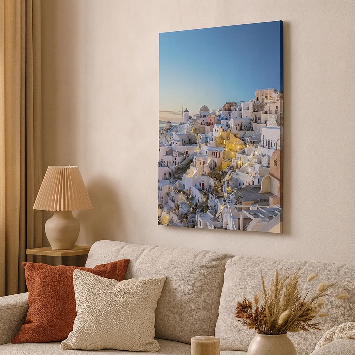Bild auf Leinwand - Leinwandbild - Blick auf eine griechische Stadt bei Sonnenuntergang - 50x70cm - Die Essenz des Griechischen - Moderne Wanddekoration für Wohnzimmer und Schlafzimmer ARTTOR