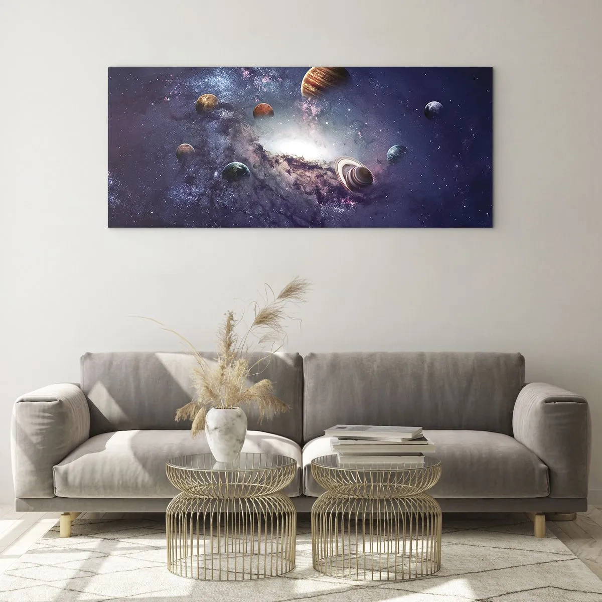Glasbild - Bild auf glas - Planeten in einer Galaxie mit einem Nebel im Hintergrund - 160x50cm - Solar-Tanz-System - Moderne Wanddekoration für Wohnzimmer und Schlafzimmer ARTTOR