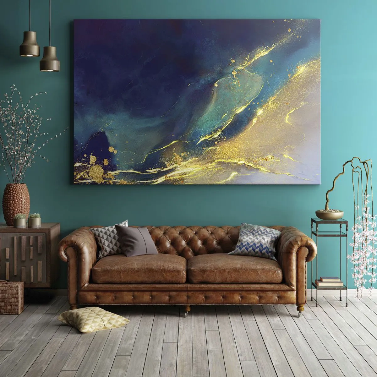 Bild auf Leinwand - Leinwandbild - Abstrakte Komposition in Blau- und Goldtönen auf Leinwand - 100x70cm - Der goldene Teich - Moderne Wanddekoration für Wohnzimmer und Schlafzimmer ARTTOR