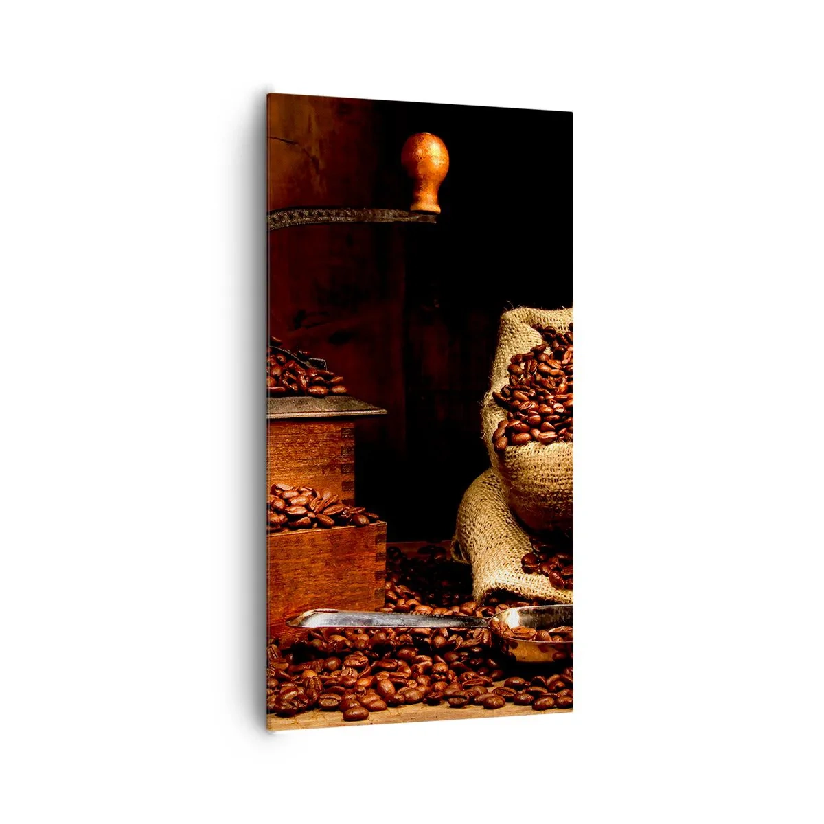 Bild auf Leinwand - Leinwandbild - Stillleben mit Kaffeebohnen und einer Mühle - 65x120 cm