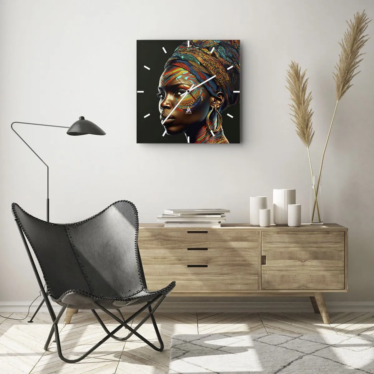 Wanduhr - Glasuhr - Porträt einer Frau mit buntem Muster und Turban - 30x30cm - Afrikanische Königin - Moderne Wanddekoration für Wohnzimmer und Schlafzimmer ARTTOR