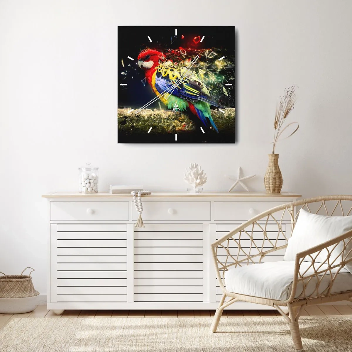 Wanduhr - Glasuhr - Ein Papagei in leuchtenden Farben vor einem Hintergrund aus Lichteffekten - 30x30cm - Botschafter des Strahlens - Moderne Wanddekoration für Wohnzimmer und Schlafzimmer ARTTOR